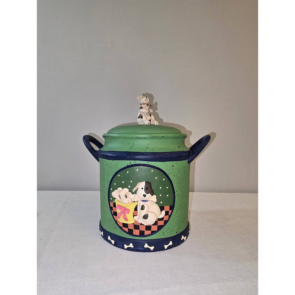 New Debco Intl Dog Treat Jar Green Blue Ceramic Puppy Figurine Lid OS SEE PHOTO